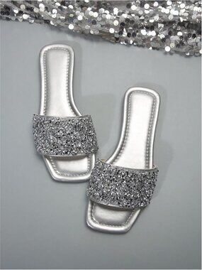 🆕Women's Silver Sparkly Flat Sandals Dressy Open Toe Glitter Shiny Slippers
